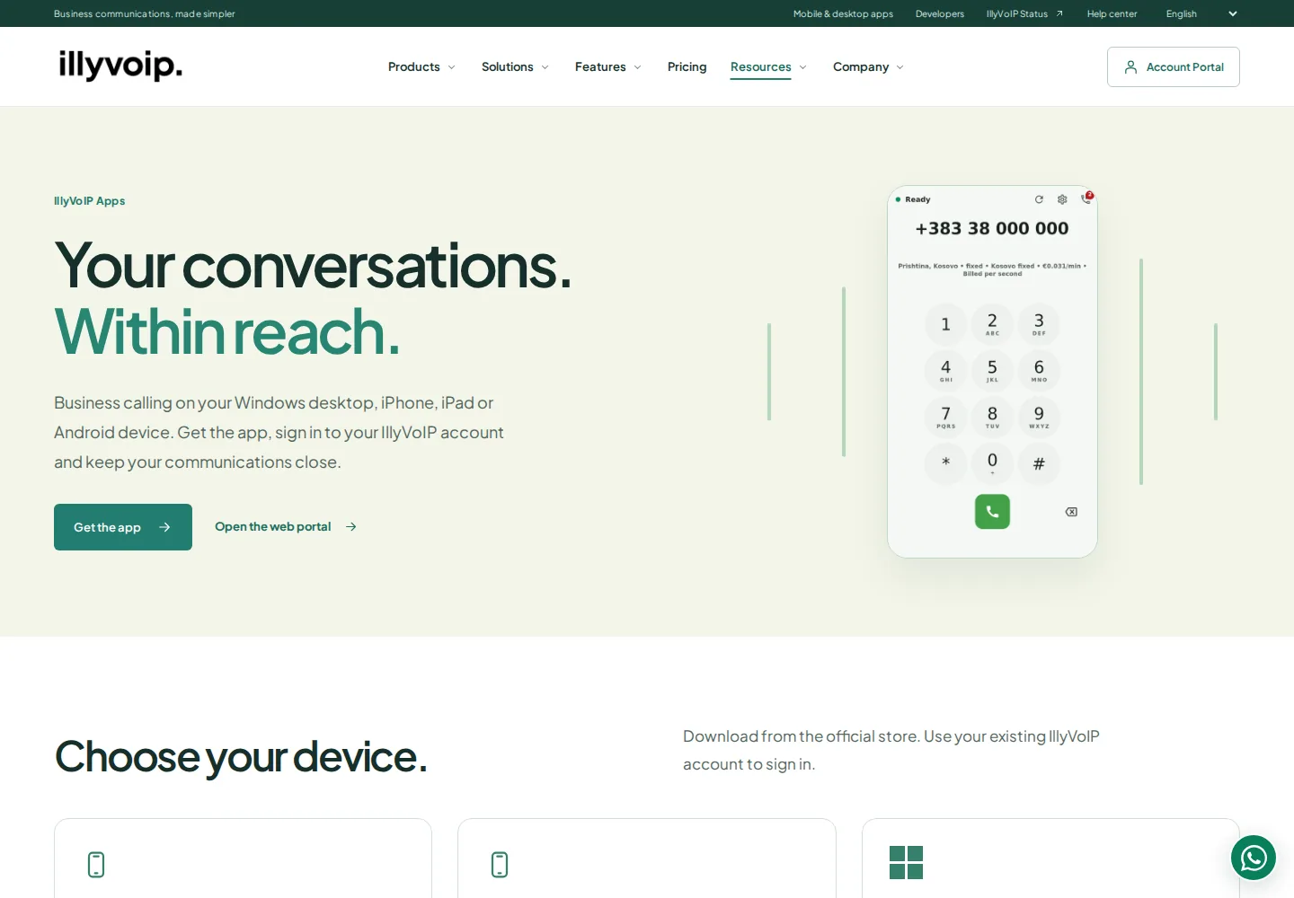 IllyVoIP apps page with a mobile dialer preview and downloads for iOS, Android and Windows.