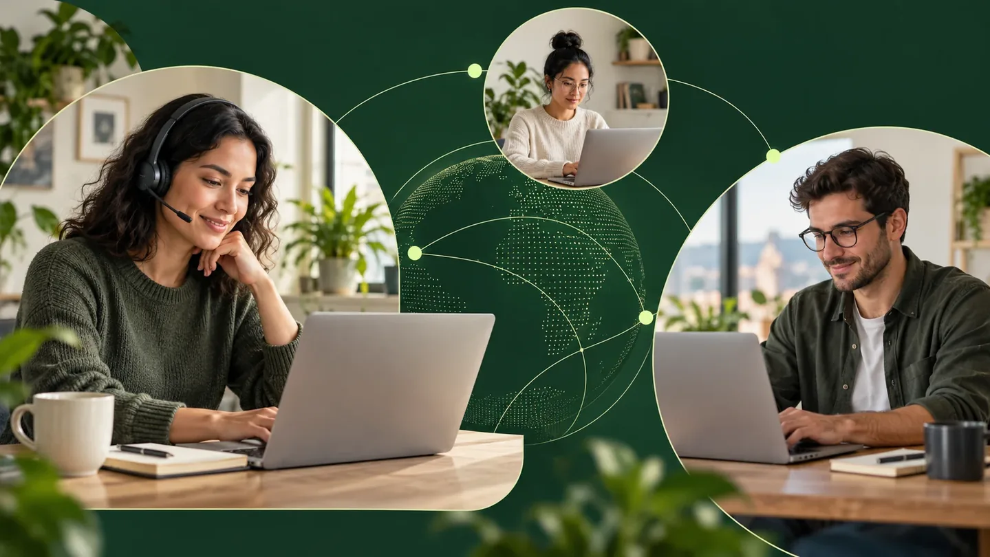 Illustration of three remote colleagues connected across separate home offices.
