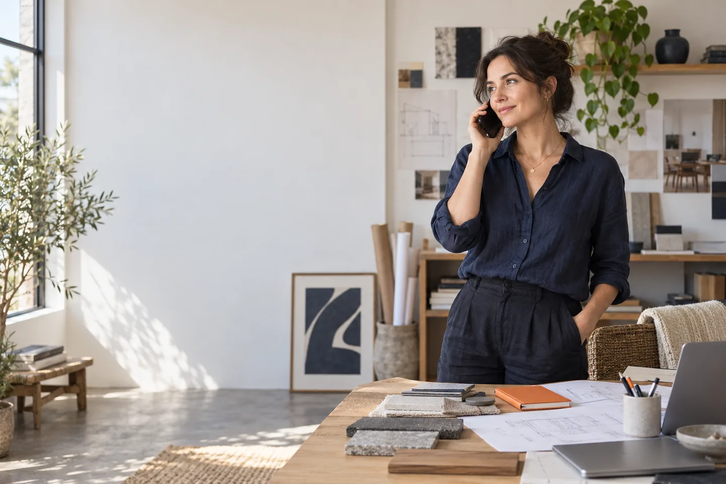 Editorial illustration of a business owner taking a mobile phone call in her studio.