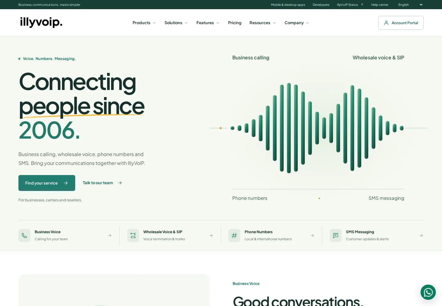 The new IllyVoIP homepage with product navigation and business calling, SIP, phone number and messaging links.