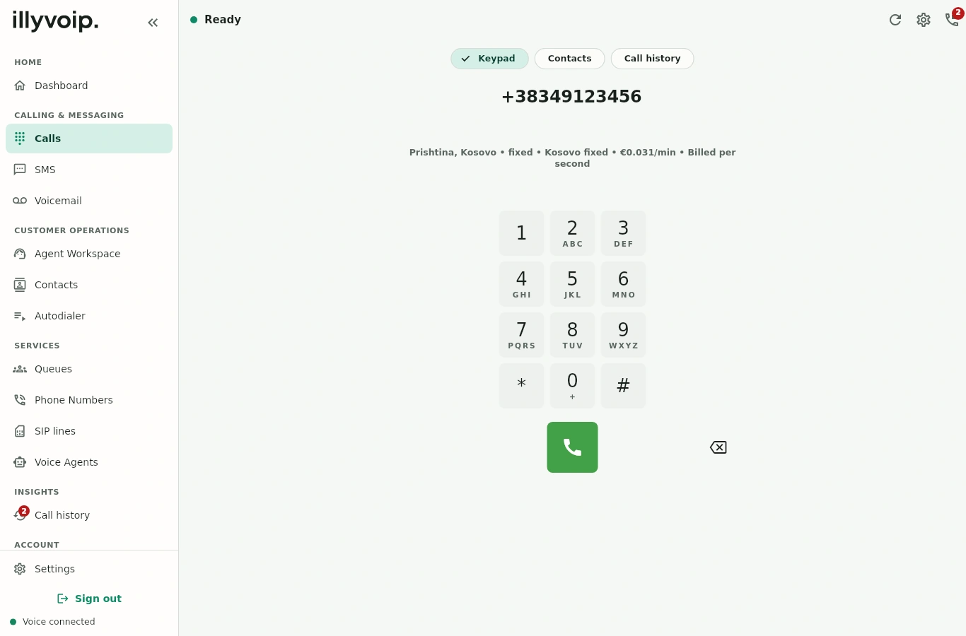 Official IllyVoIP Windows calling screen with example destination and rate