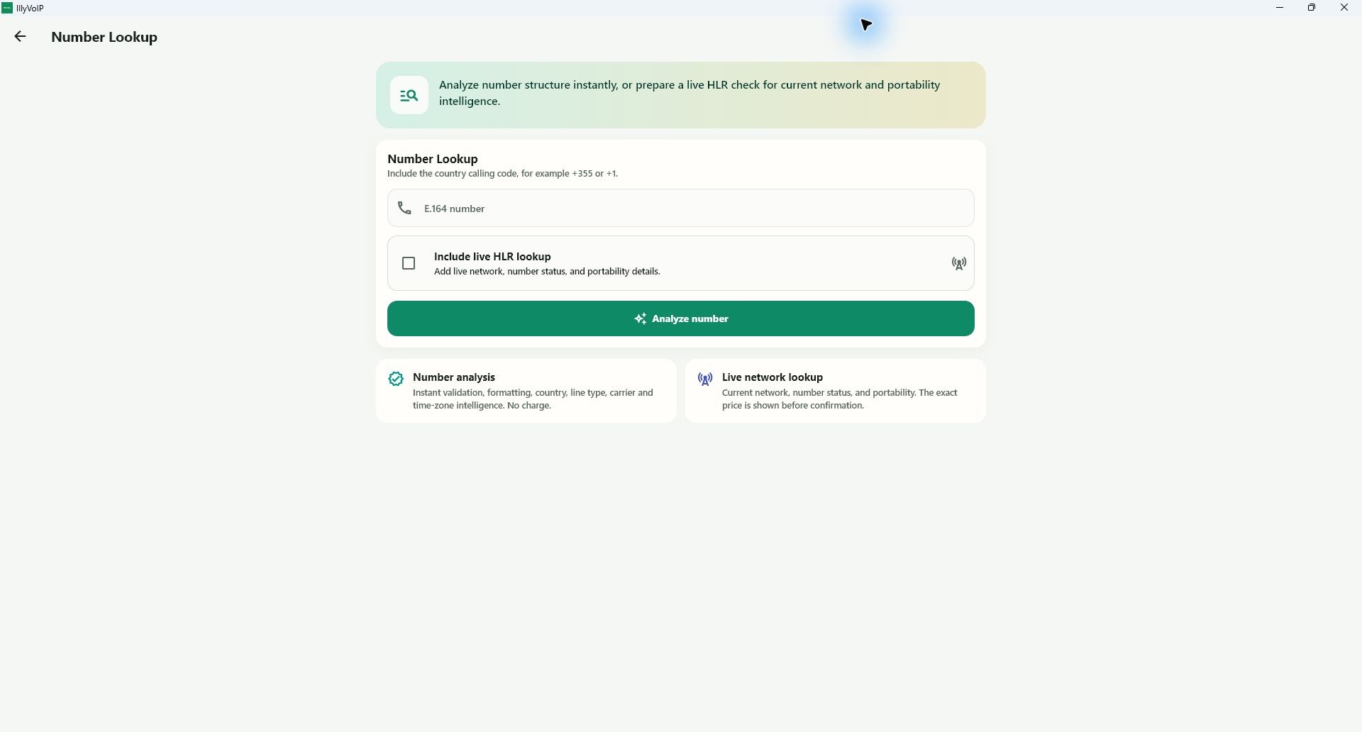 IllyVoIP Windows app showing its number lookup screen