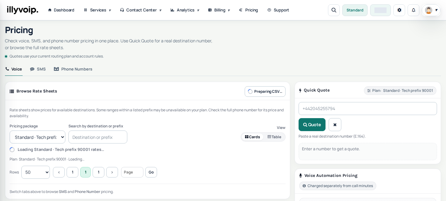 Current IllyVoIP Portal — pricing (private account details hidden)