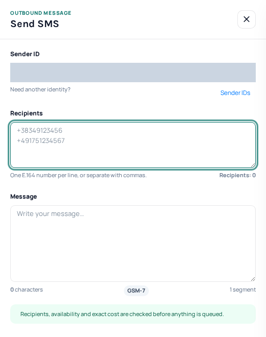 The SMS composer shows recipients, message text, encoding and segment count. Sender details are hidden. This is an empty composer; no message has been reviewed or sent.