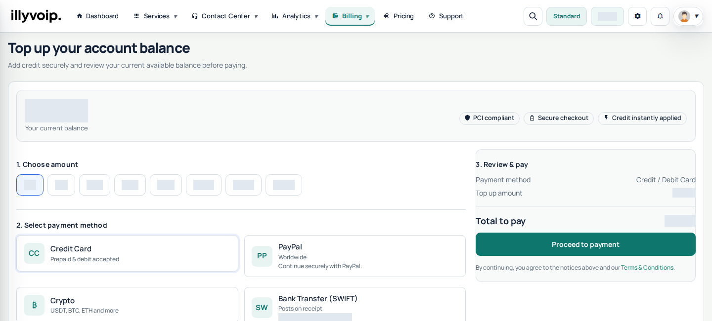 Current IllyVoIP Portal — top up (private account details hidden)