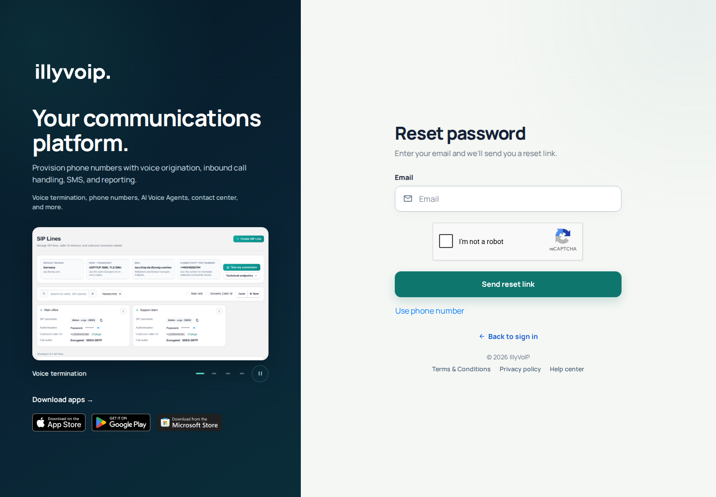 Current IllyVoIP Portal — password reset (private account details hidden)