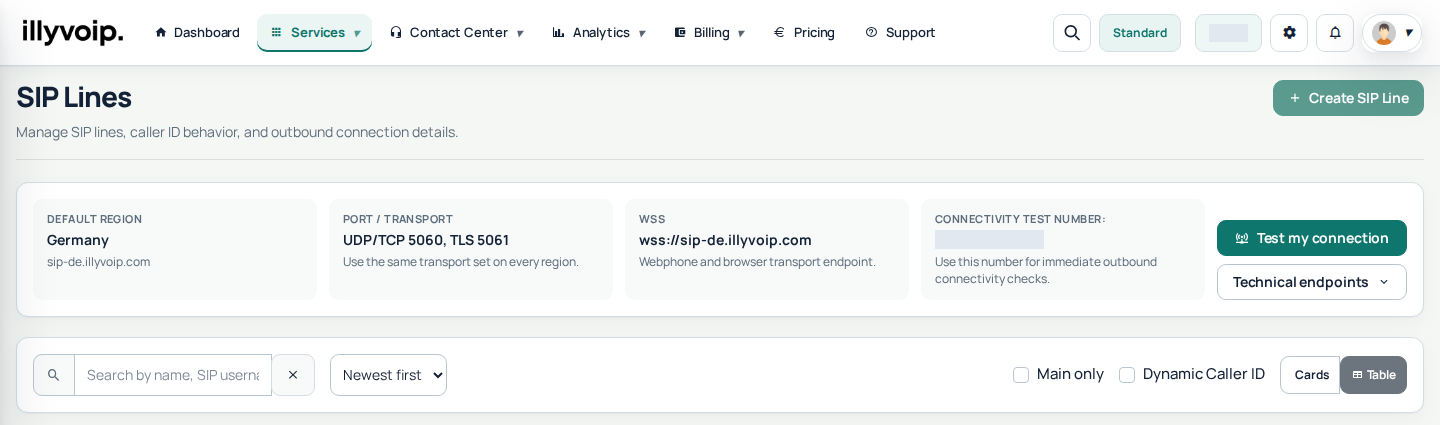 Current IllyVoIP Portal — sip lines (private account details hidden)