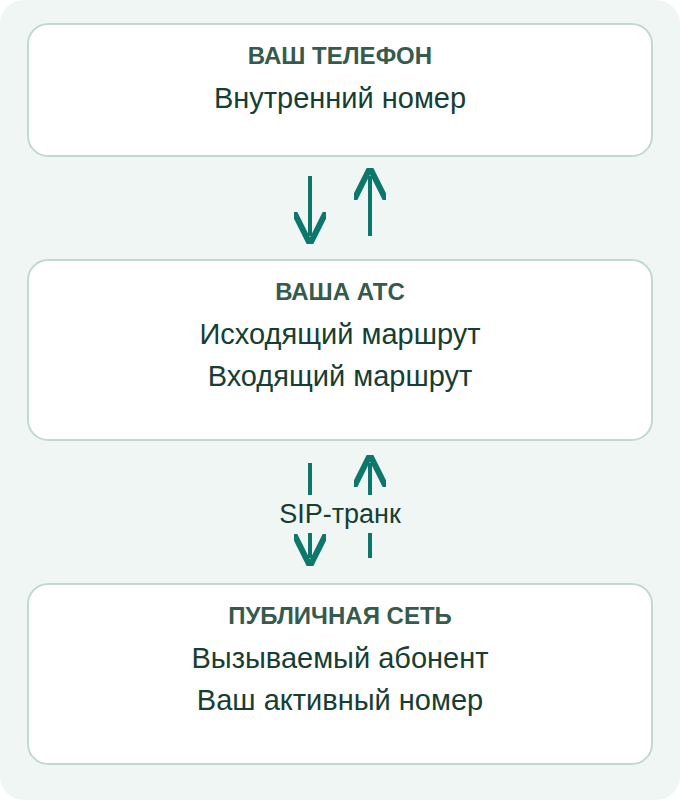 Схема настройки, а не снимок VitalPBX: внутренний номер, транк и маршруты двух направлений — отдельные элементы.