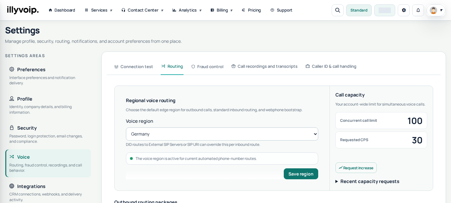 Current IllyVoIP Portal — routing (private account details hidden)
