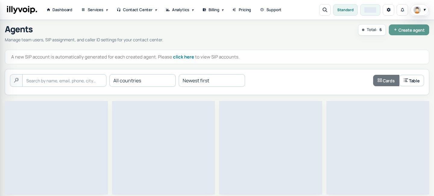 Current IllyVoIP Portal — agents (private account details hidden)