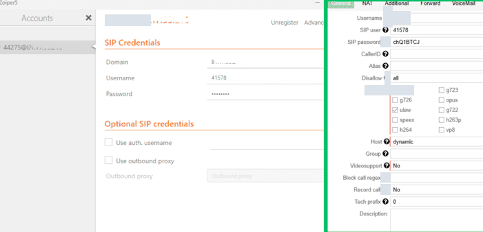 Zoiper SIP account fields