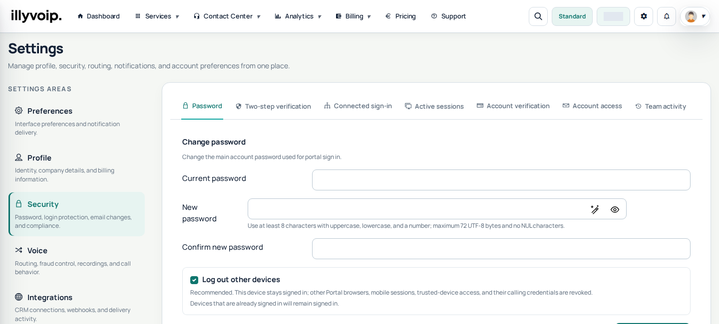 Current IllyVoIP Portal — security (private account details hidden)