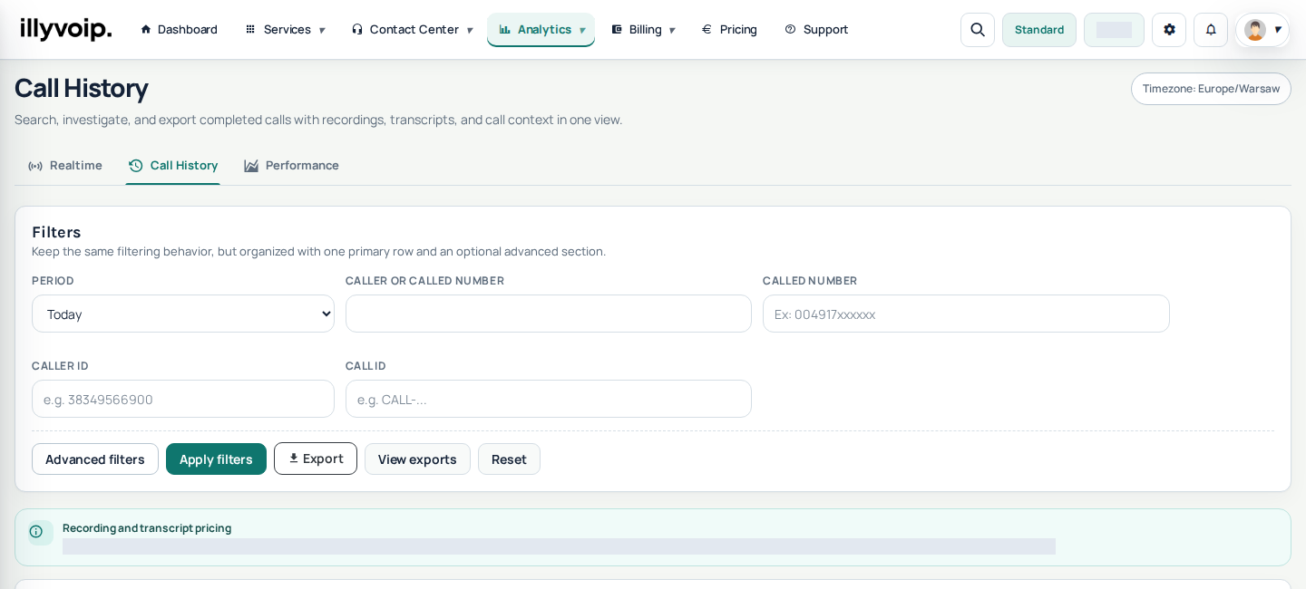 Current IllyVoIP Portal — call reports (private account details hidden)