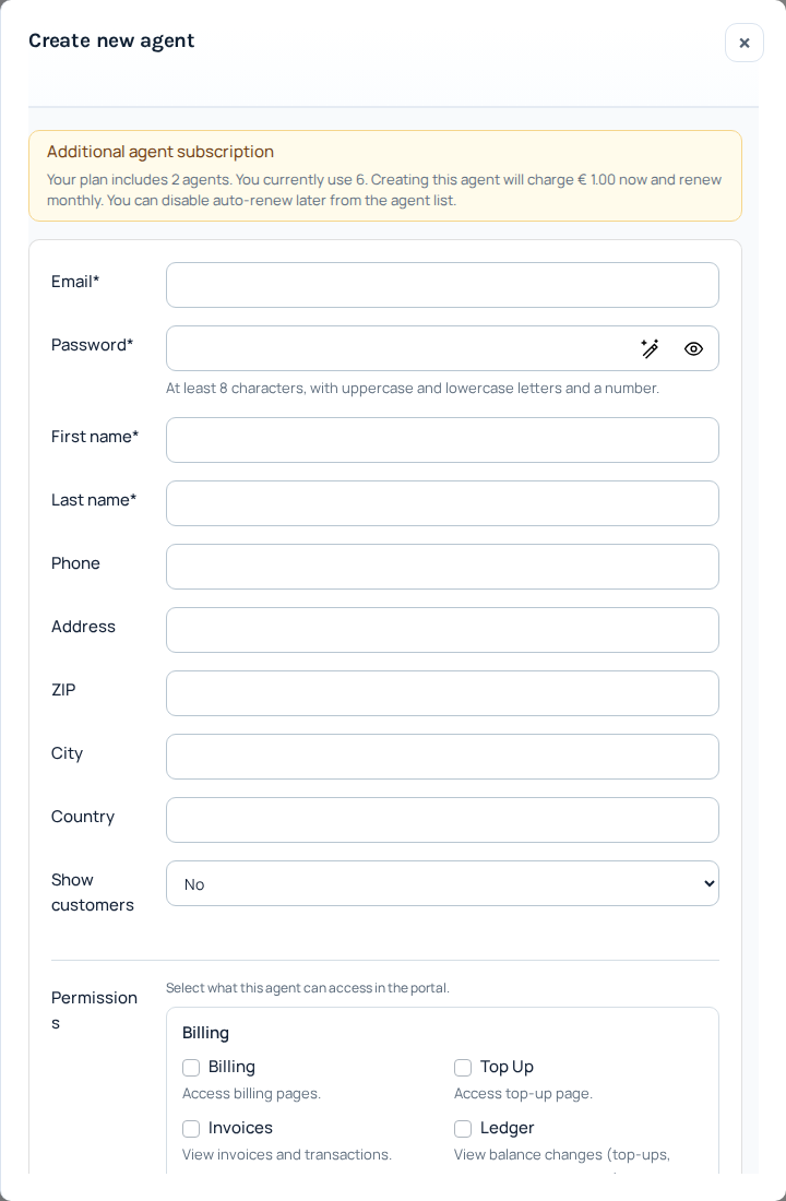 Current IllyVoIP Portal — agent create (private account details hidden)