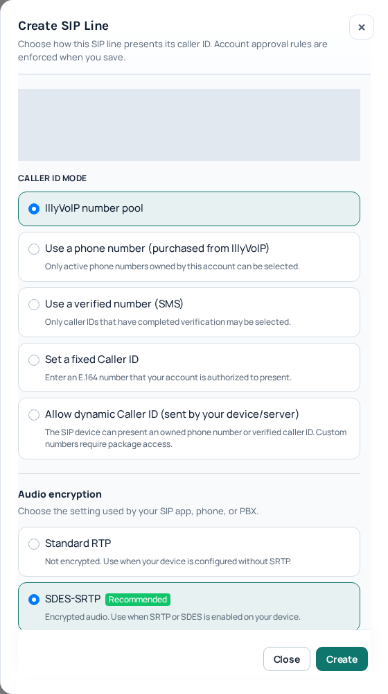 Portal screenshot: caller-ID and audio choices. Account subscription details are masked.