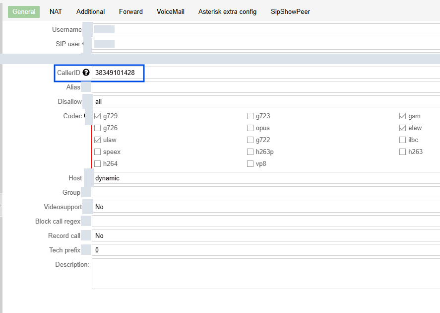 Assign caller ID to SIP user