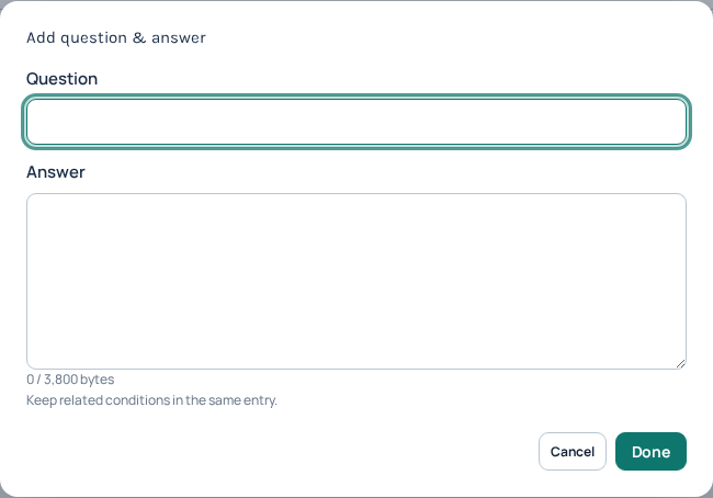 Add question & answer separates a caller’s question from the approved answer. This is an empty, unsaved entry; applying the complete knowledge changes is a separate step.