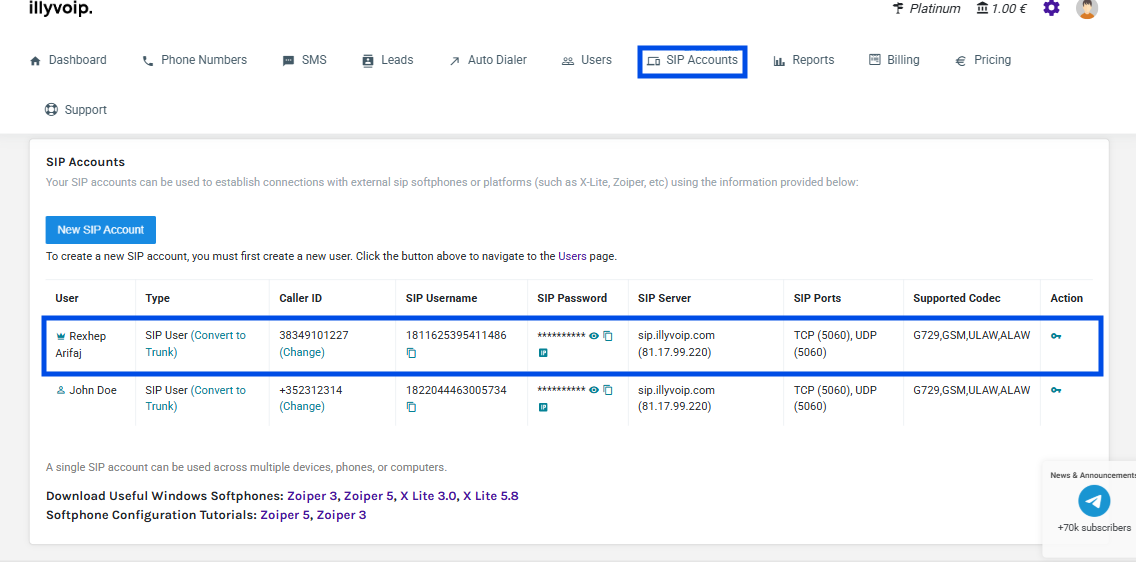 SIP Account Settings