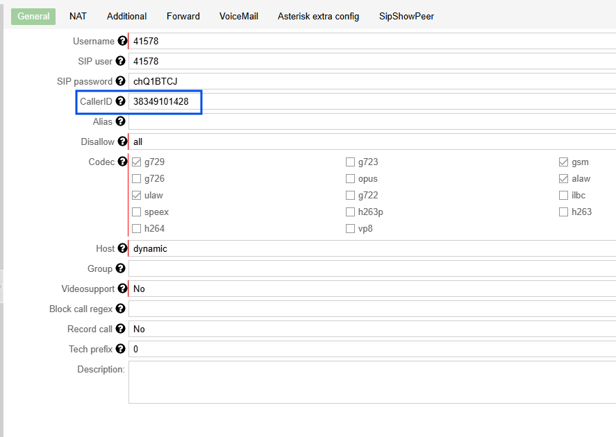 Assign caller ID to SIP user