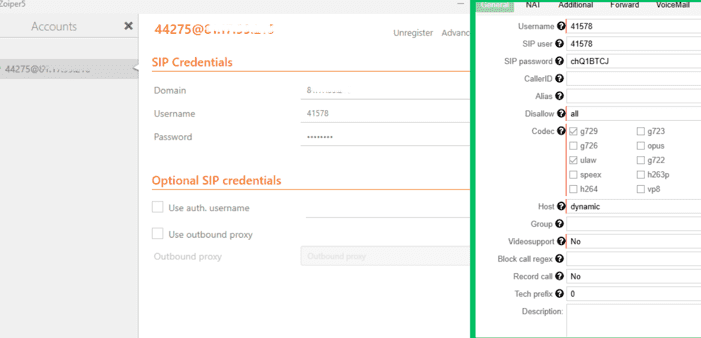 Zoiper SIP account fields