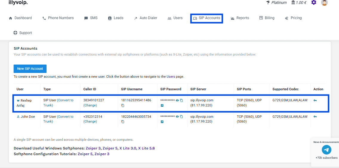 SIP Account Settings