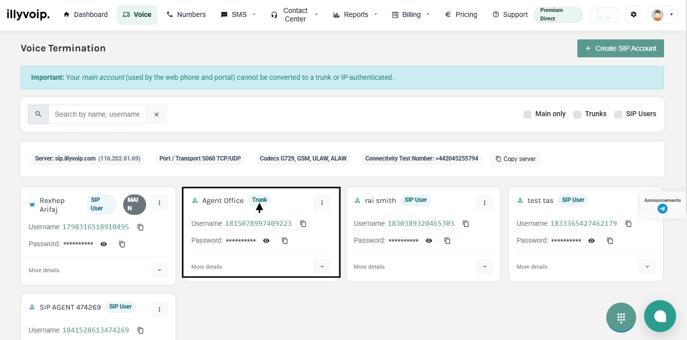 SIP account details on Illyvoip