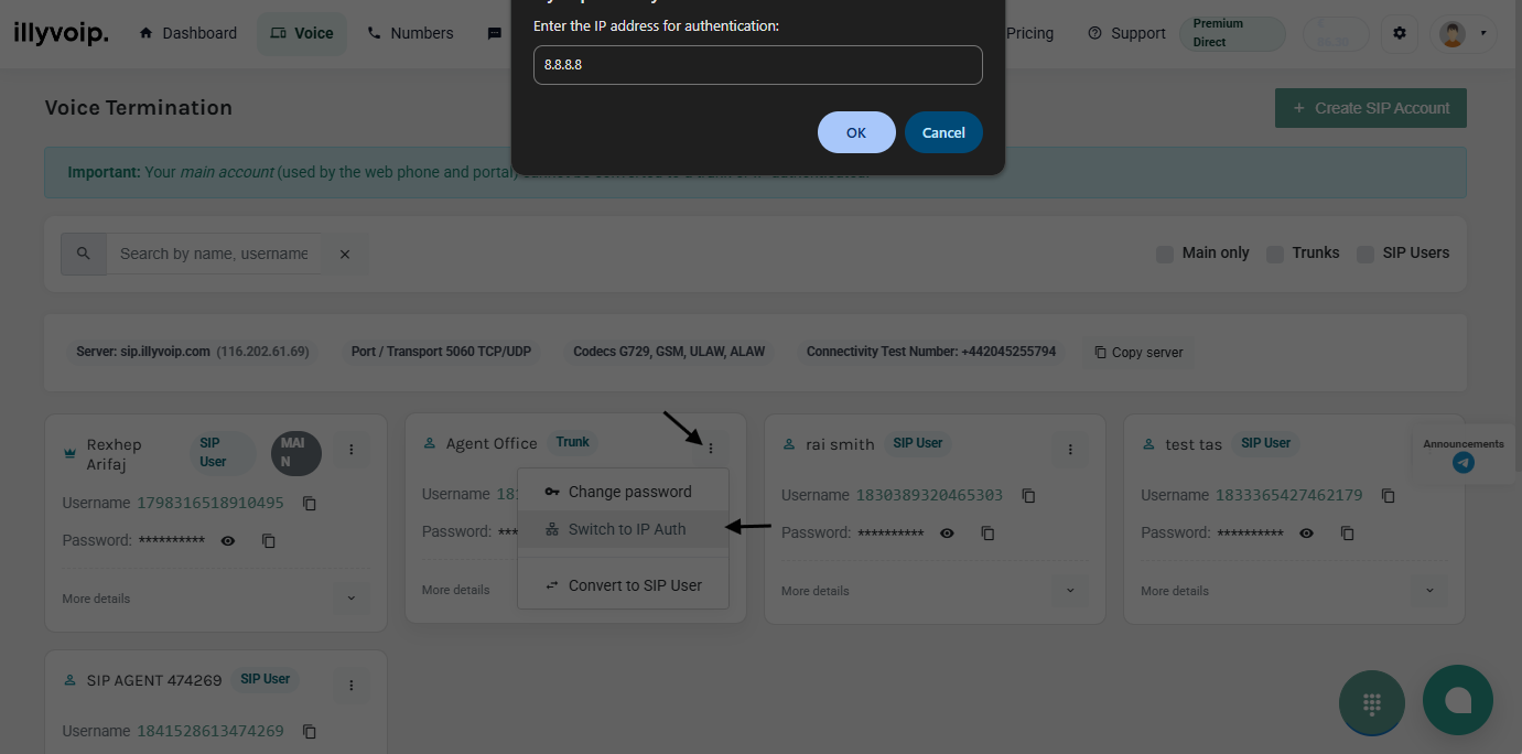 IP authentication icon on Illyvoip SIP account